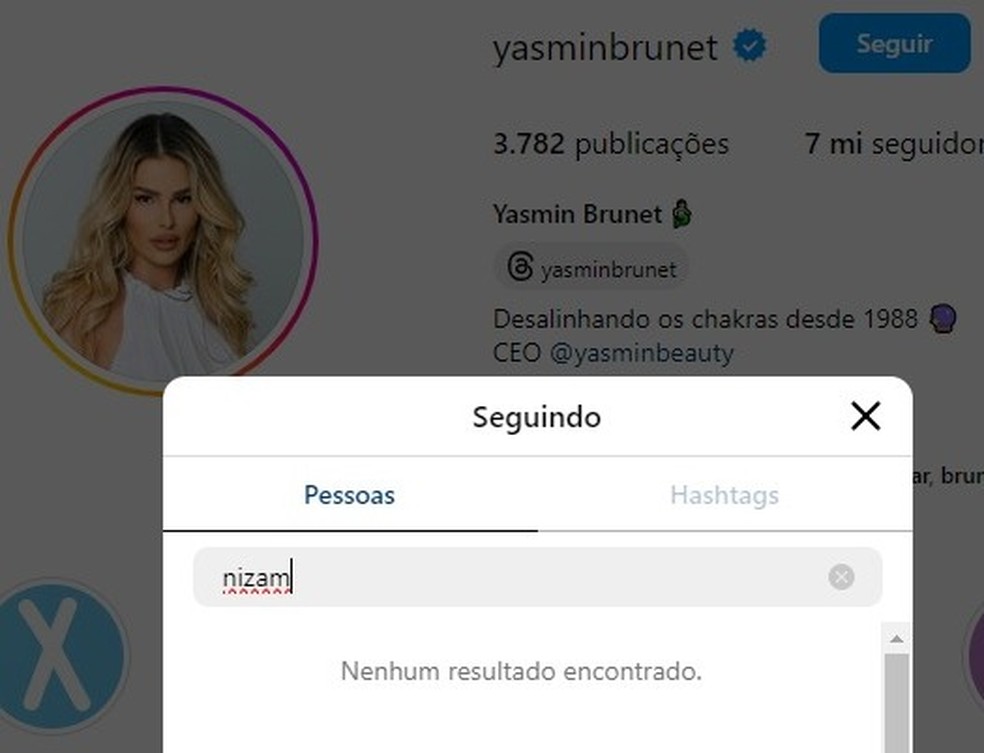 Yasmin não segue Nizam nas redes após o 'BBB' 24 — Foto: Reprodução/Redes sociais