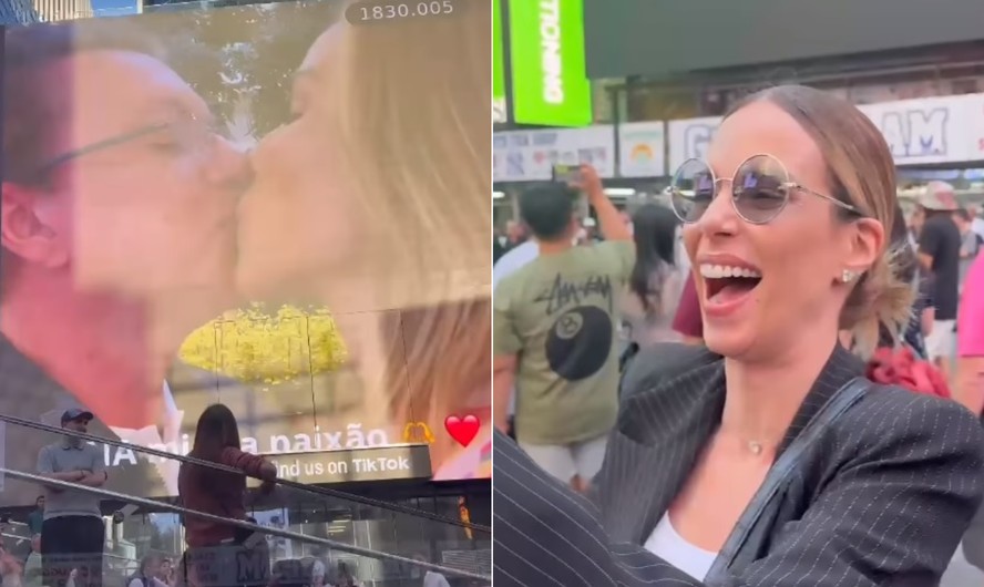 Ana Furtado se surpreende com declaração de amor, feita por Boninho, em telão na Times Square