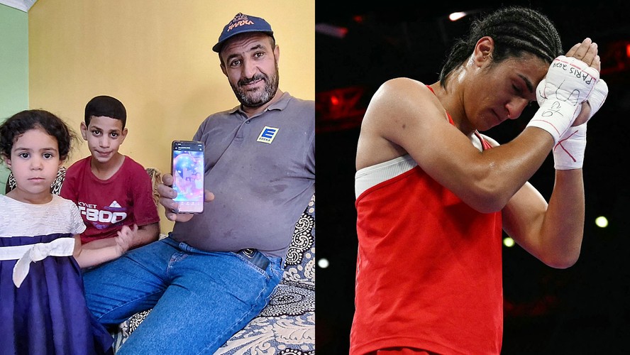 Omar Khelif, pai da boxeadora argelina Imane Khelif, mostra foto de sua filha quando criança, acompanhado de seus dois filhos pequenos na casa da família na província de Tiaret