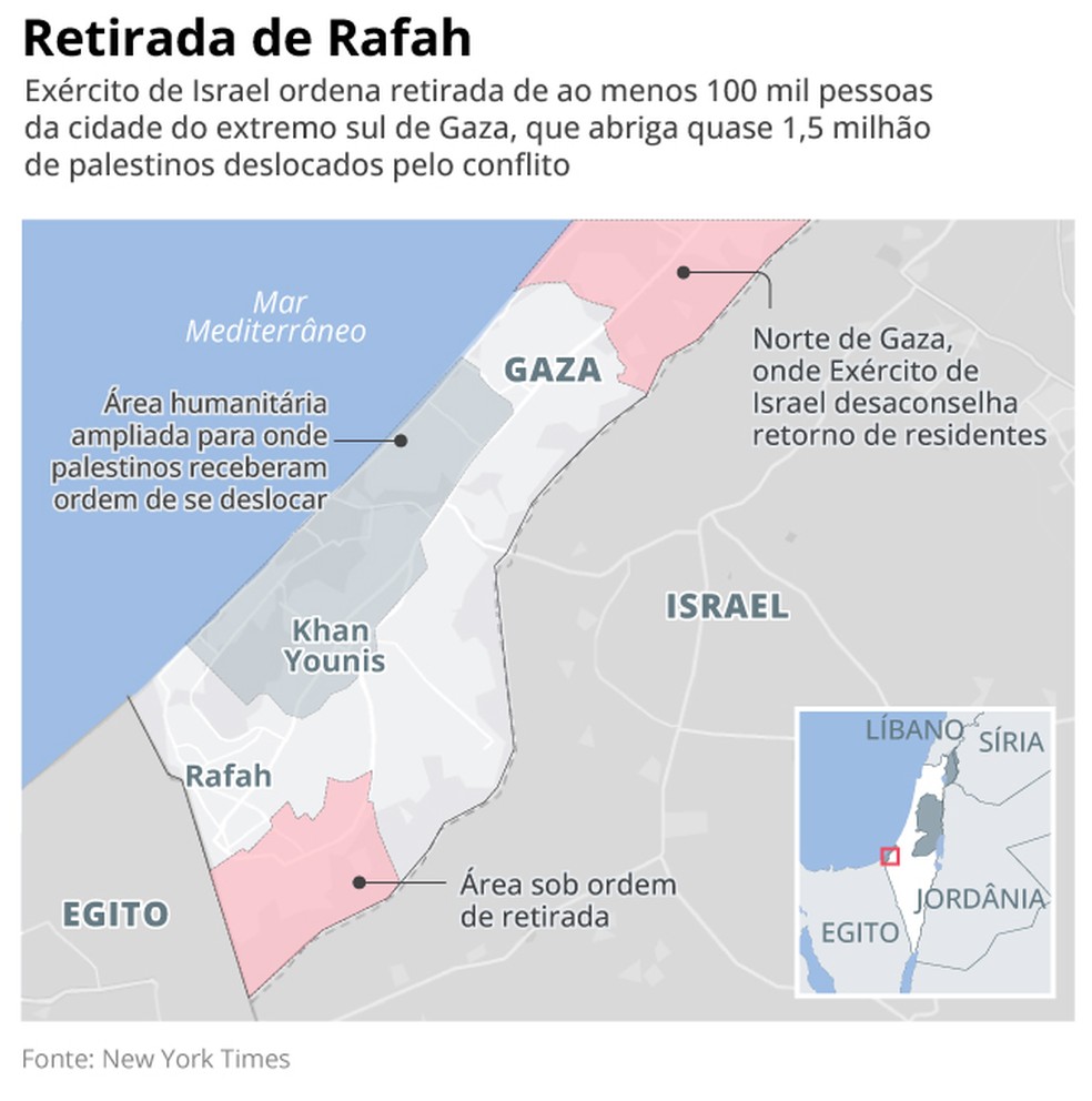 Exército de Israel ordena retirada de ao menos 100 mil de área em Rafah, no extremo sul de Gaza — Foto: Arte/ O GLOBO