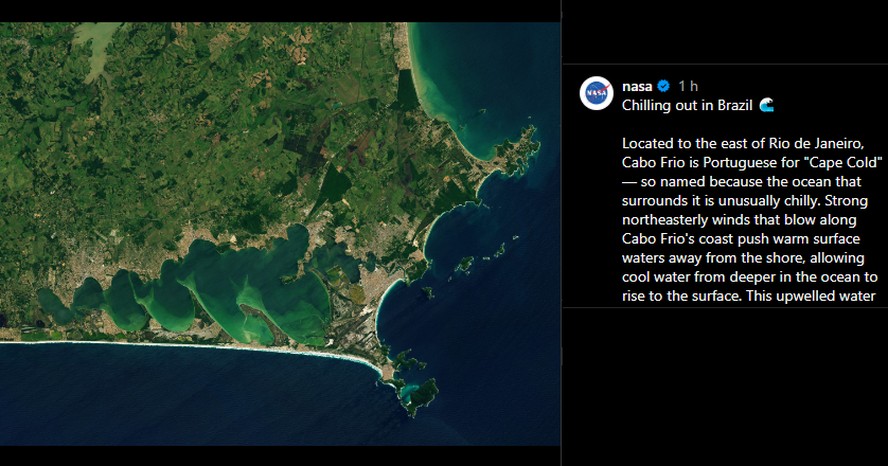 Nasa posta imagem de Cabo Frio tirada do espaço e homenageia: 'Relaxando no Brasil'