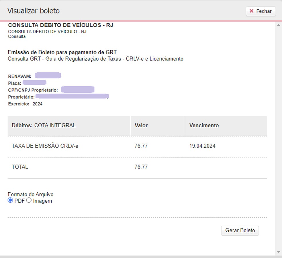 Quem já tinha efetuado o pagamento da GRT deste ano terá que pagar apenas a taxa de emissão da CRLV-e, de R$ 76,77 — Foto: Reprodução/Bradesco