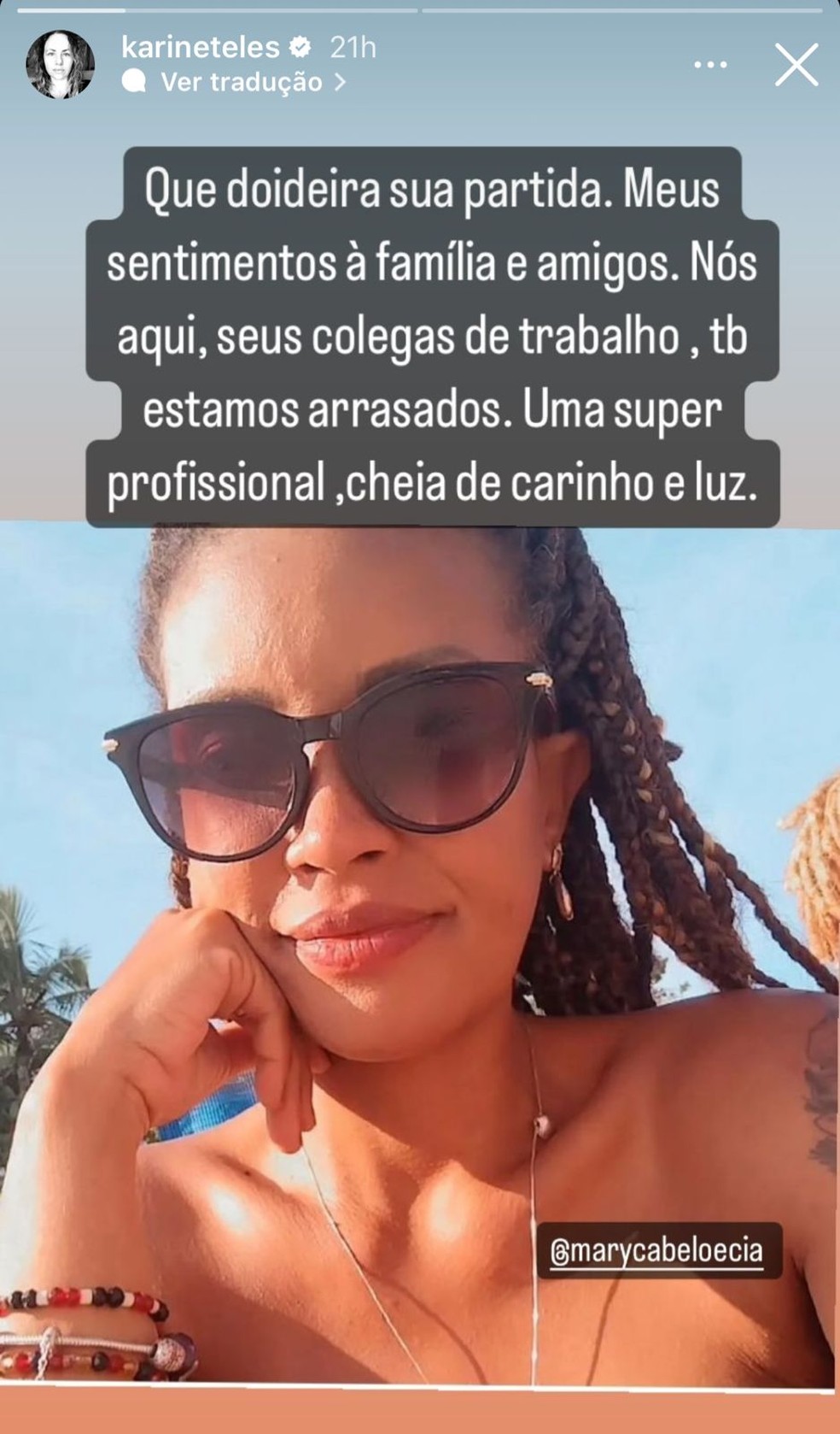 Publicação de Karine Teles sobre a cabelereira Mary — Foto: Reprodução/Instagram