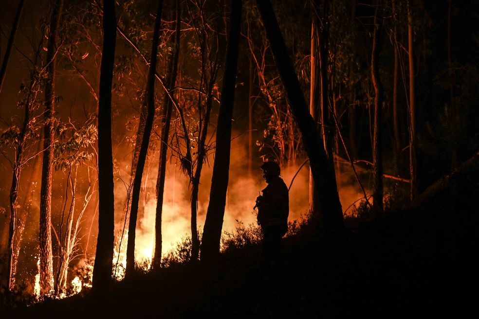 Bombeiro combate incêndio em Casais do Vento, Portugal — Foto: Patrícia de Melo Moreira/AFP/10-7-2022