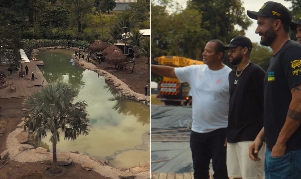 Neymar pai e Neymar Jr. acompanham a obra da piscina natural ao lado de Ricardo Caporossi Jr., dono da companhia responsável pela obra — Foto: reprodução