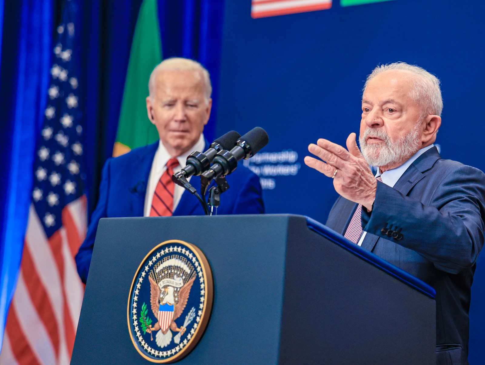 Presidente da República, Luiz Inácio Lula da Silva, durante cerimônia de lançamento da "Iniciativa Global Lula-Biden para o Avanço dos Direitos Trabalhistas na Economia do Século XXI”, em Nova York. — Foto: Ricardo Stuckert / PR