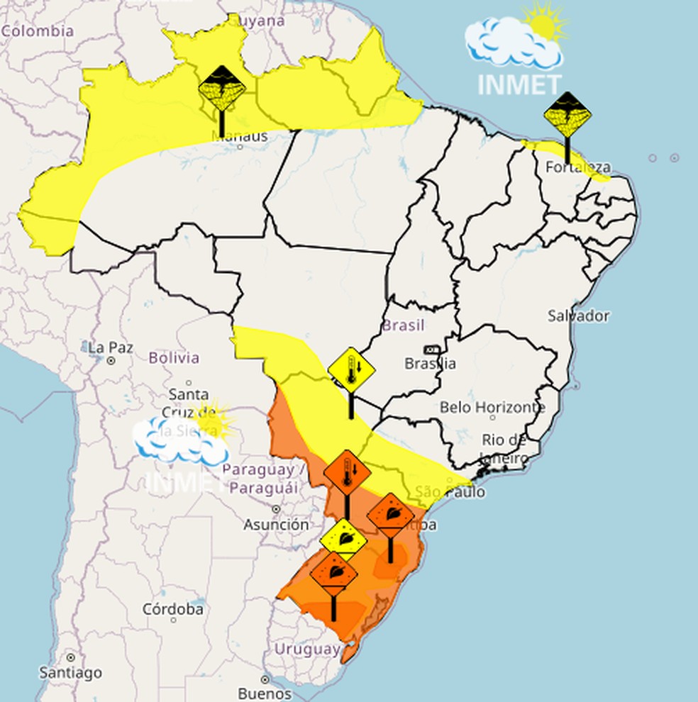 Alertas emitidos pelo Inmet para esta quarta-feira — Foto: Reprodução