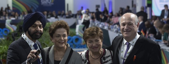 Na foto: Dilma Roussef e Ilan Goldfajn, Presidente do Banco Interamericano de Desenvolvimento e Kristalina Gerorgieva, diretora do FMI — Foto: Maria Isabel Oliveira/ Agência O Globo