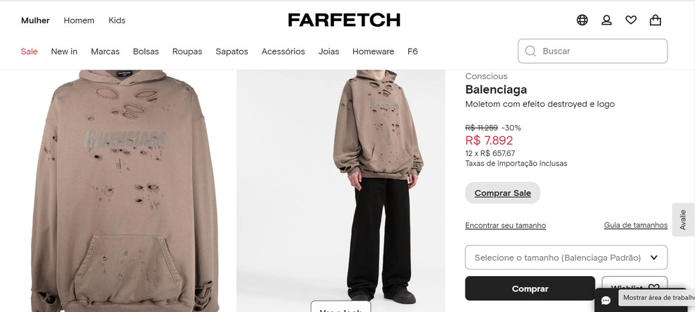 Moletom surrado da Balenciaga à venda na Farfetch — Foto: Reprodução