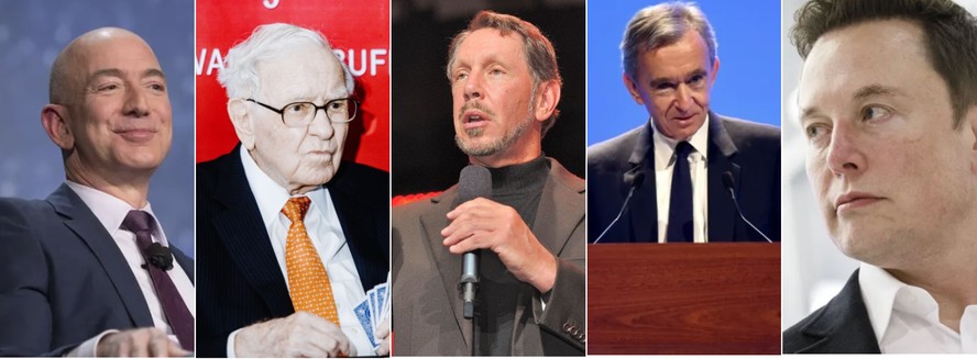 Jeff Bezos, Warren Buffett, Larry Elison, Bernard Arnault e Elon Musk