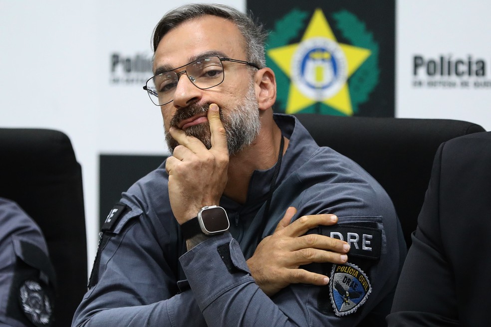 Marcus Amim, atual secretário da Polícia Civil durante coletiva de Imprensa na Cidade da Polícia em abril de 2023, quando era titular da DRE — Foto: Lucas Tavares/Agência O Globo