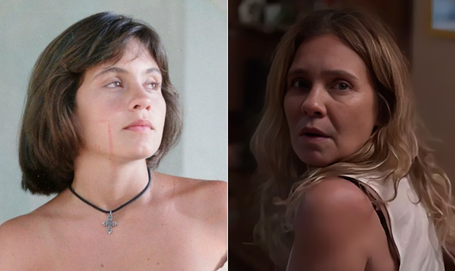 Adriana Esteves em dois tempos: à esquerda, aos 22 anos, na novela 'Renascer' (1993); à direita, aos 53, na série 'Os outros' (2023)
