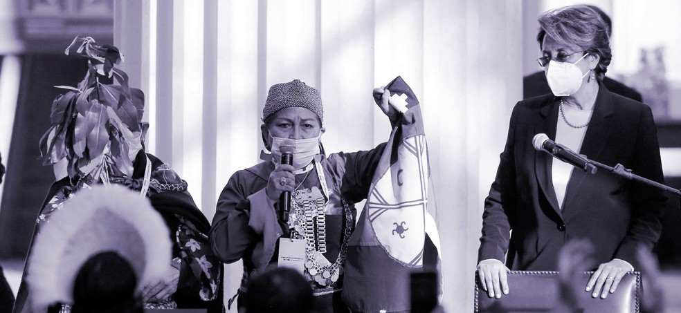 Líder mapuche Elisa Loncon assume como presidente da Convenção Constitucional chilena, que abriu os trabalhos hoje em Santiago JAVIER TORRES/AFP — Foto:         