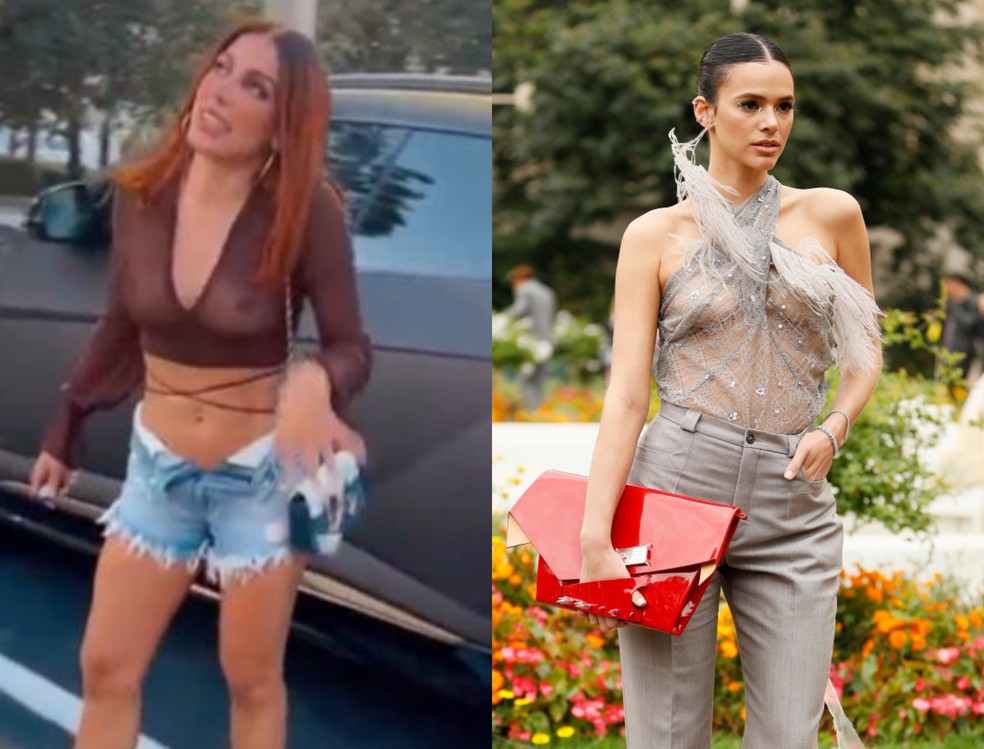 Anitta e Bruna Marquezine usaram roupas com transparência em diferentes ocasiões — Foto: Instagram / Getty Images