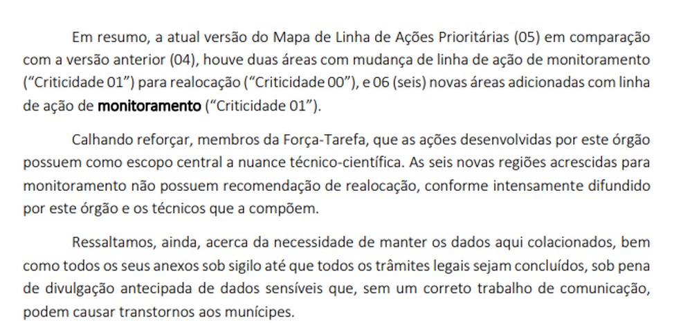 Trecho em que prefeitura de Maceió reitera pedido para que dados sobre movimentação no solo permanecessem em sigilo até a conclusão de 'todos os trâmites legais' — Foto: Reprodução