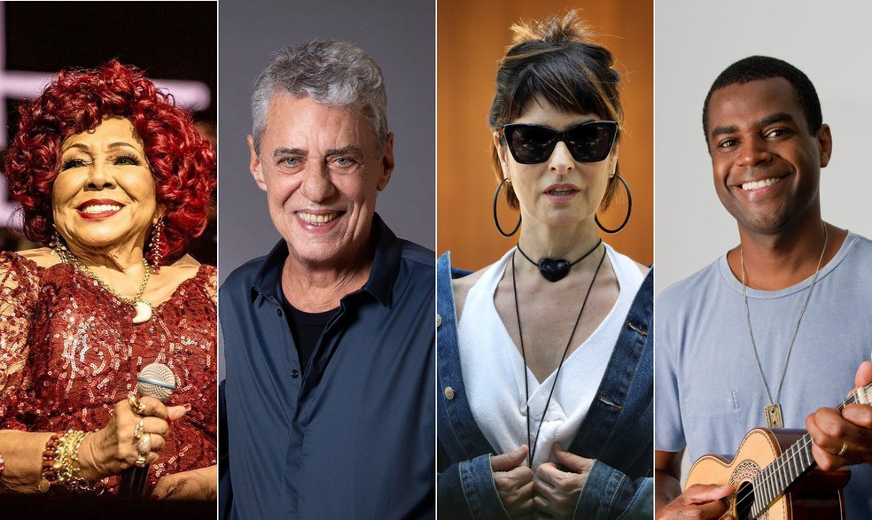 Alcione, Chico Buarque, Fernanda Abreu e Pretinho da Serrinha — Foto: Montagem com fotos de divulgação