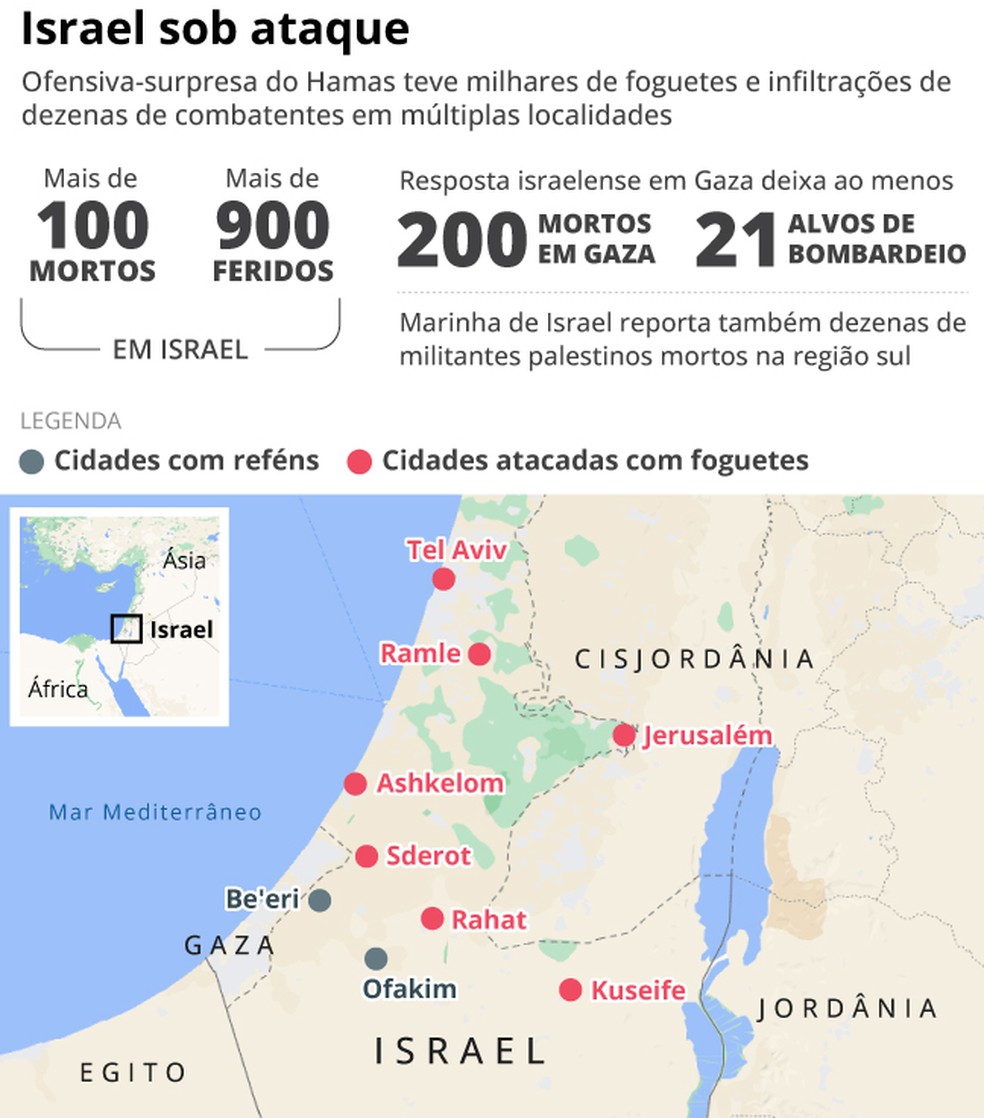Mapa mostra dimensão dos ataques do Hamas contra Israel — Foto: Editoria de arte