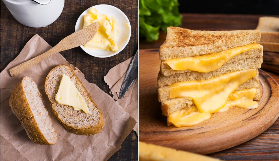 Pão com manteiga e pão com queijo.