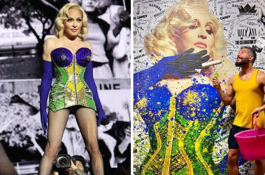 Rafael Arena (à direita) ao lado de sua arte que inspirou look de Madonna