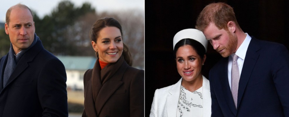 Príncipe William e princesa Catherine, durante visita a Boston, e a duquesa Meghan e o príncipe Harry, durante evento em 2019 — Foto: BRIAN SNYDER/BEN STANSALL/AFP