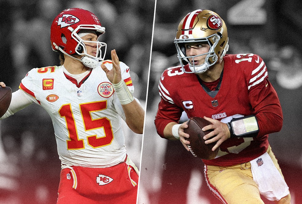 Patrick Mahomes (Chiefs) e Brock Purdy (49ers) serão as estrelas do Super Bowl 58 — Foto: Editoria de Arte