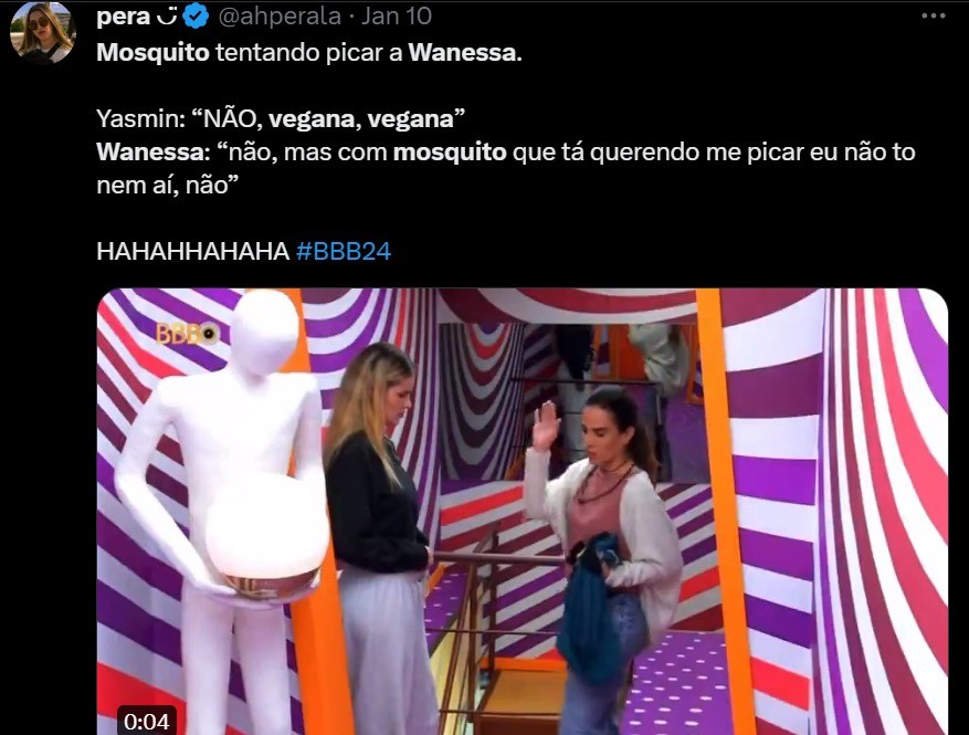 O simples gesto de matar um mosquito virou meme. Vegana, Wanessa viralizou após tentar matar o inseto no "BBB" 24 — Foto: Reprodução/Twitter