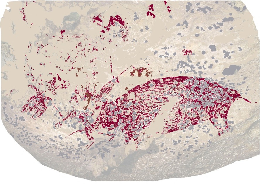 obra de arte de 51.000 anos que foi vista pela primeira vez em uma caverna na ilha de Sulawesi, na Indonésia, em 2017