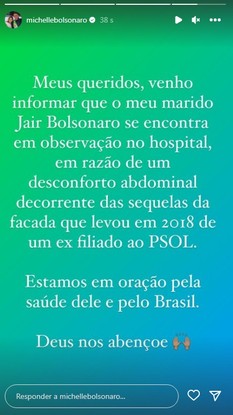 Postagem de Michele Bolsonaro nas redes após internação do ex-presidente