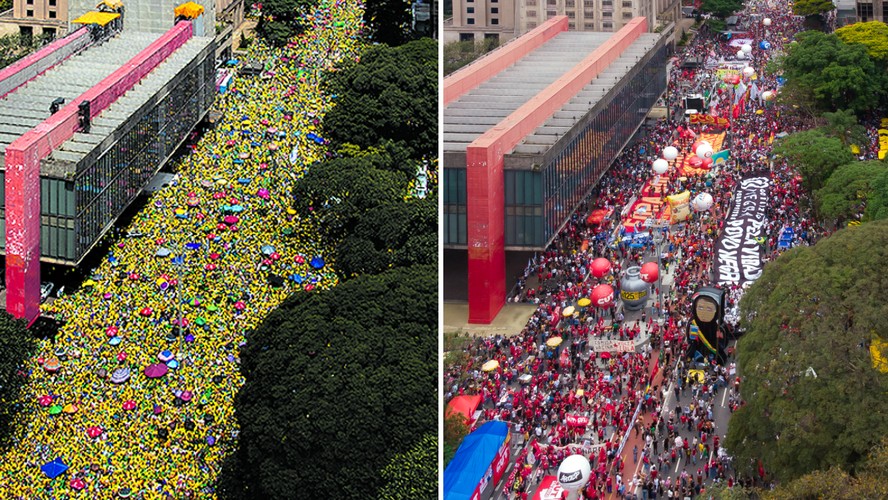 Manifestações de apoiadores de Bolsonaro (à esquerda) em 2024, e contra o ex-presidente (em 2021), na Avenida Paulista