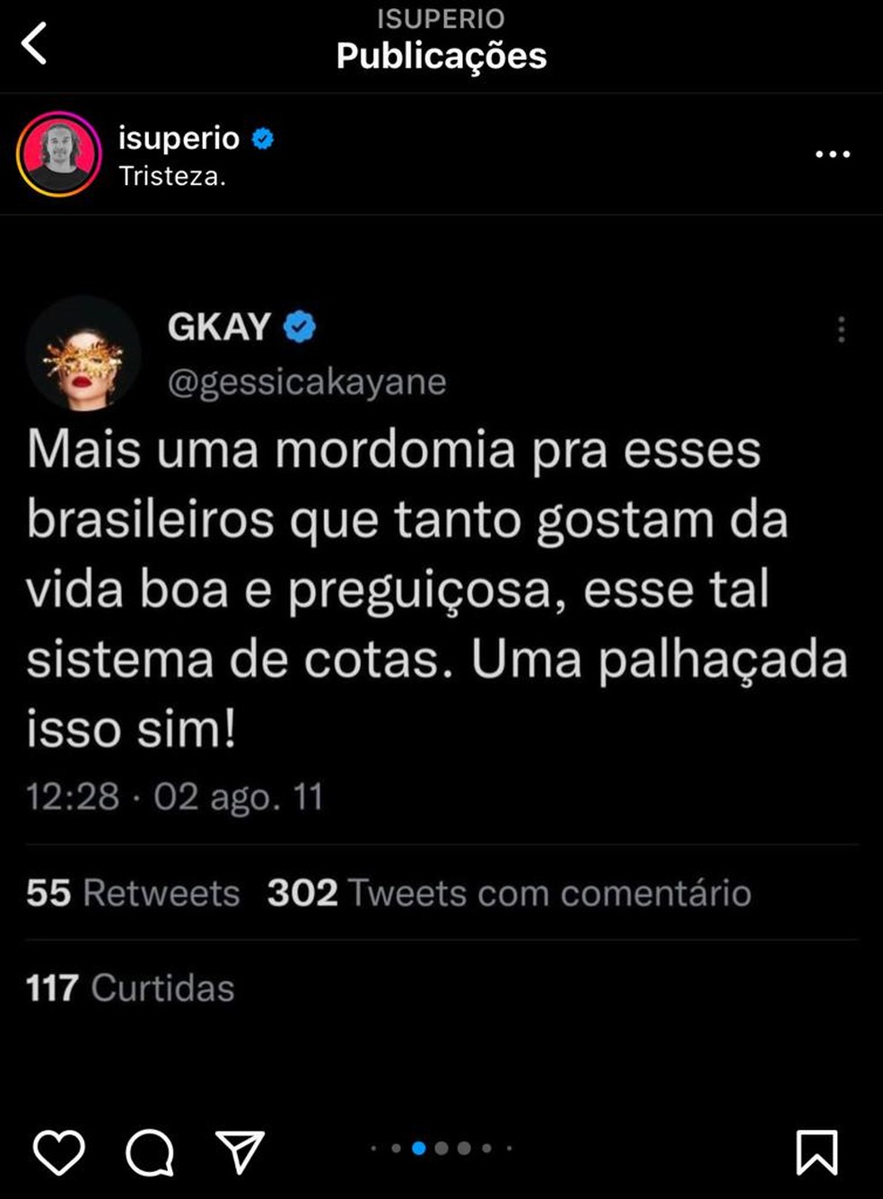 Tweet antigo de G-kay causou polêmica nas redes sociais — Foto: Reprodução/Instagram