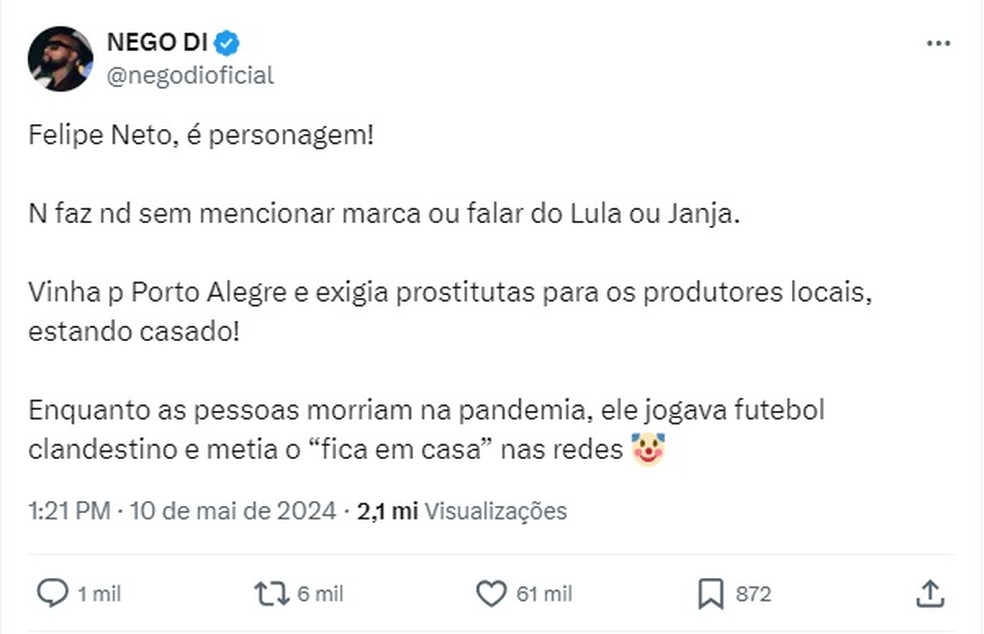 Uma das postagens feitas por Nego Di sobre Felipe Neto — Foto: Reprodução