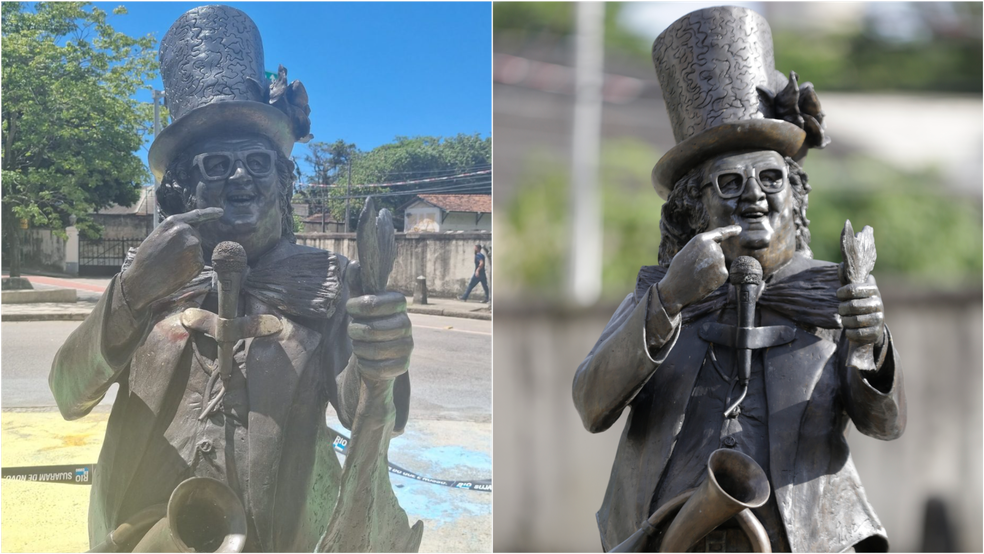 Antes e depois da estátua do Chacrinha: bacalhau foi guardado pela prefeitura após tentativa de furto — Foto: Divulgação e Domingos Peixoto