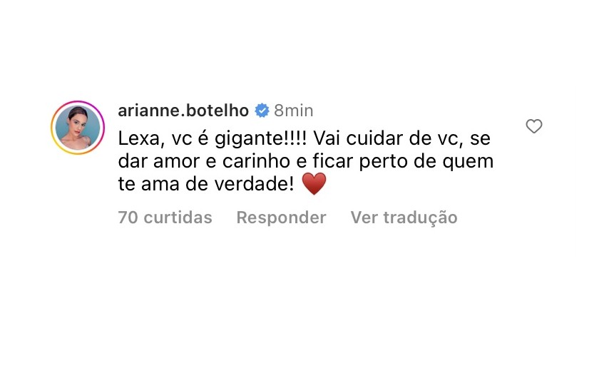 Mensagem da atriz Arianne Botelho para Lexa — Foto: Reprodução/Instagram