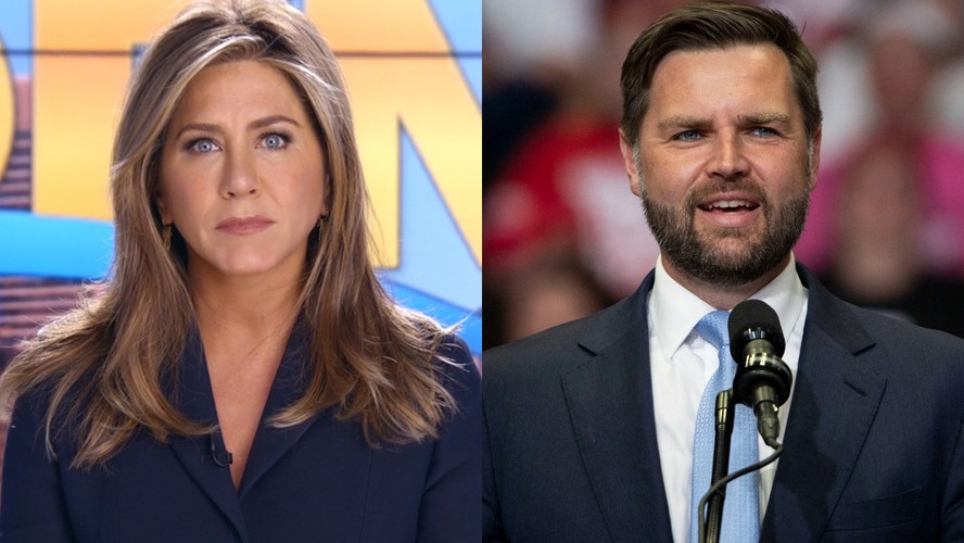 A atriz Jennifer Aniston e o companheiro de chapa do ex-presidente Donald Trump, J.D. Vance