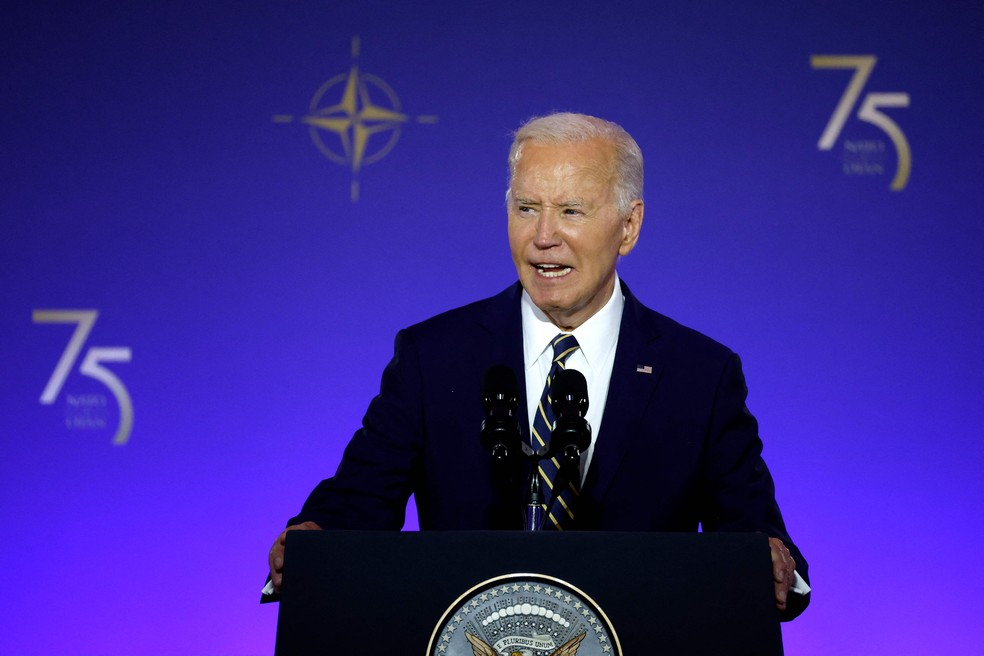 Presidente dos EUA, Joe Biden, durante cerimônia em homenagem aos 75 anos da Otan — Foto: Kevin Dietsch / GETTY IMAGES NORTH AMERICA / Getty Images via AFP