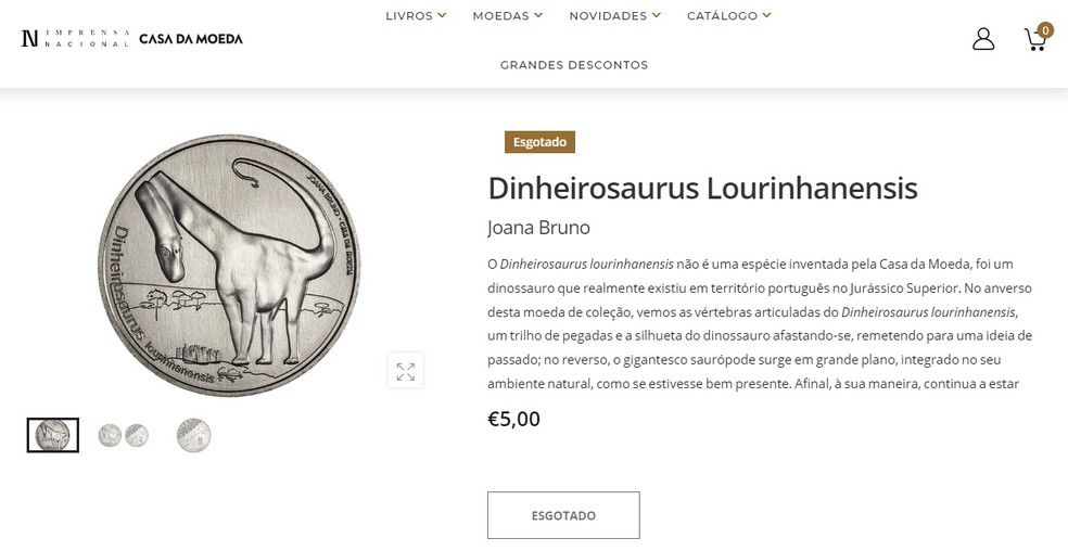 Em 2021, Portugal também teve uma moeda no valor de € 5 com um dinossauro estampado  — Foto: Divulgação/Casa da Moeda de Portugal