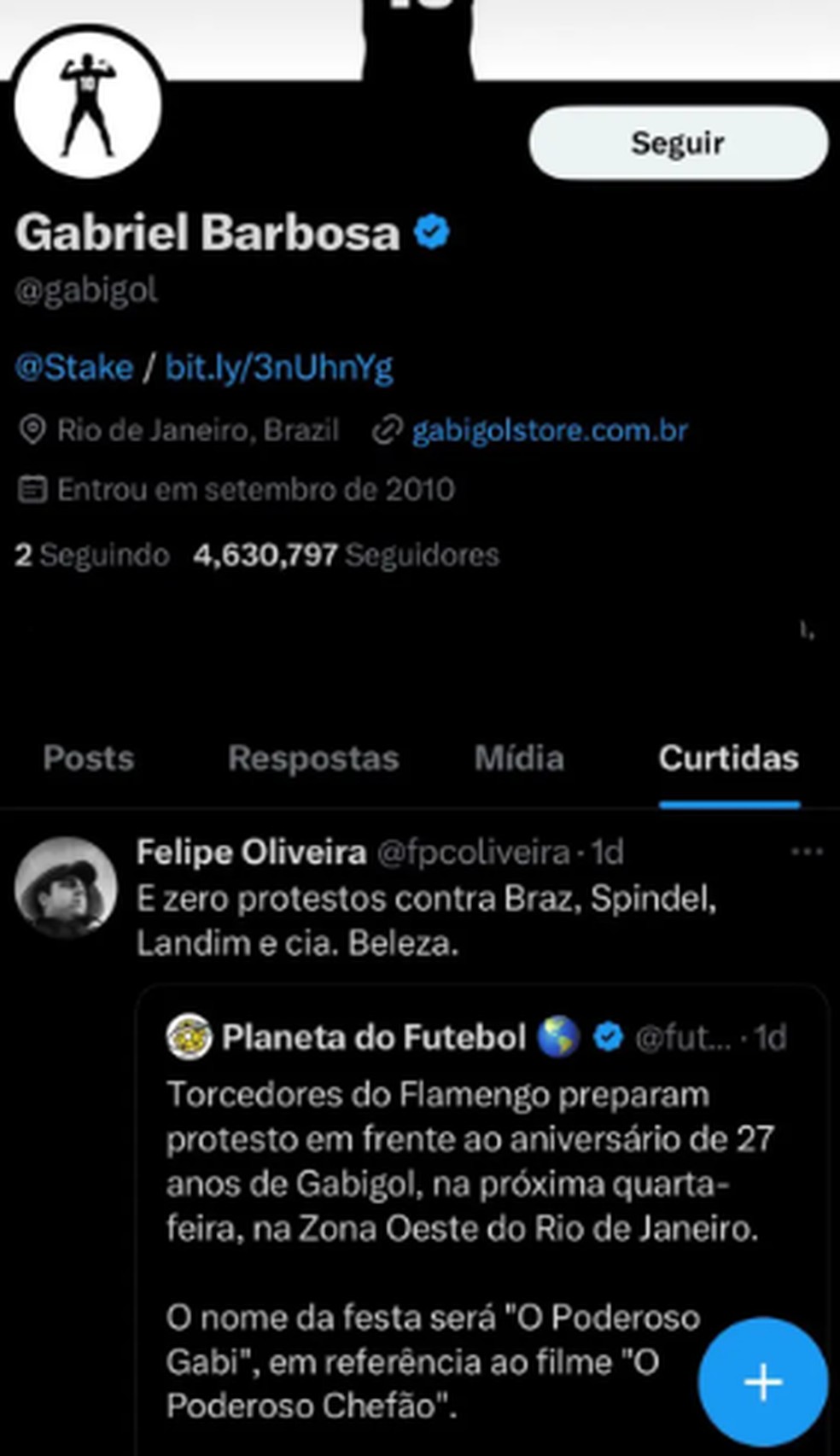 Gabigol curte posts com cobranças a dirigentes do Flamengo — Foto: Reprodução/Twitter