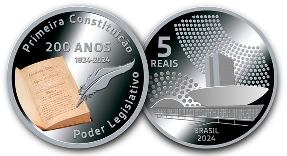 A moeda comemorativa mais recente foi lançada em abril deste ano em homenagem aos 200 anos da primeira Constituição do país — Foto: Reprodução/Banco Central do Brasil