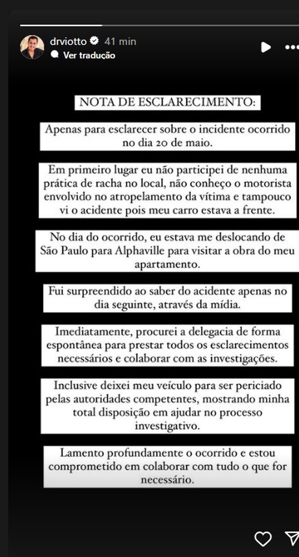 Nota de esclarecimento do dentista Roberto Viotto — Foto: Reprodução / Instagram