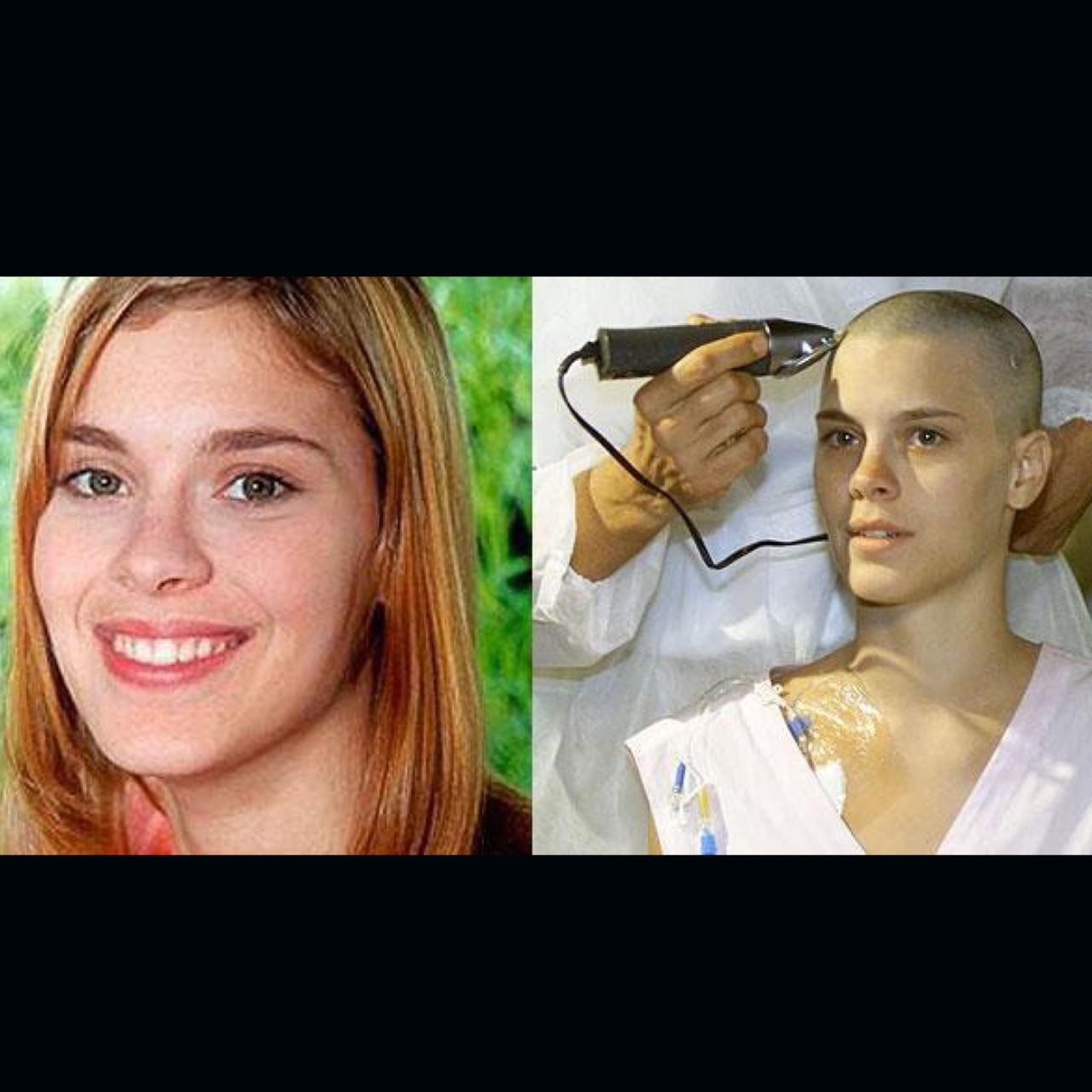 Em 2000, Carolina Dieckmann raspou os cabelos de verdade durante a clássica cena de "Laços de família". Sua personagem, Camila, fazia tratamento contra leucemia  — Foto: Reprodução