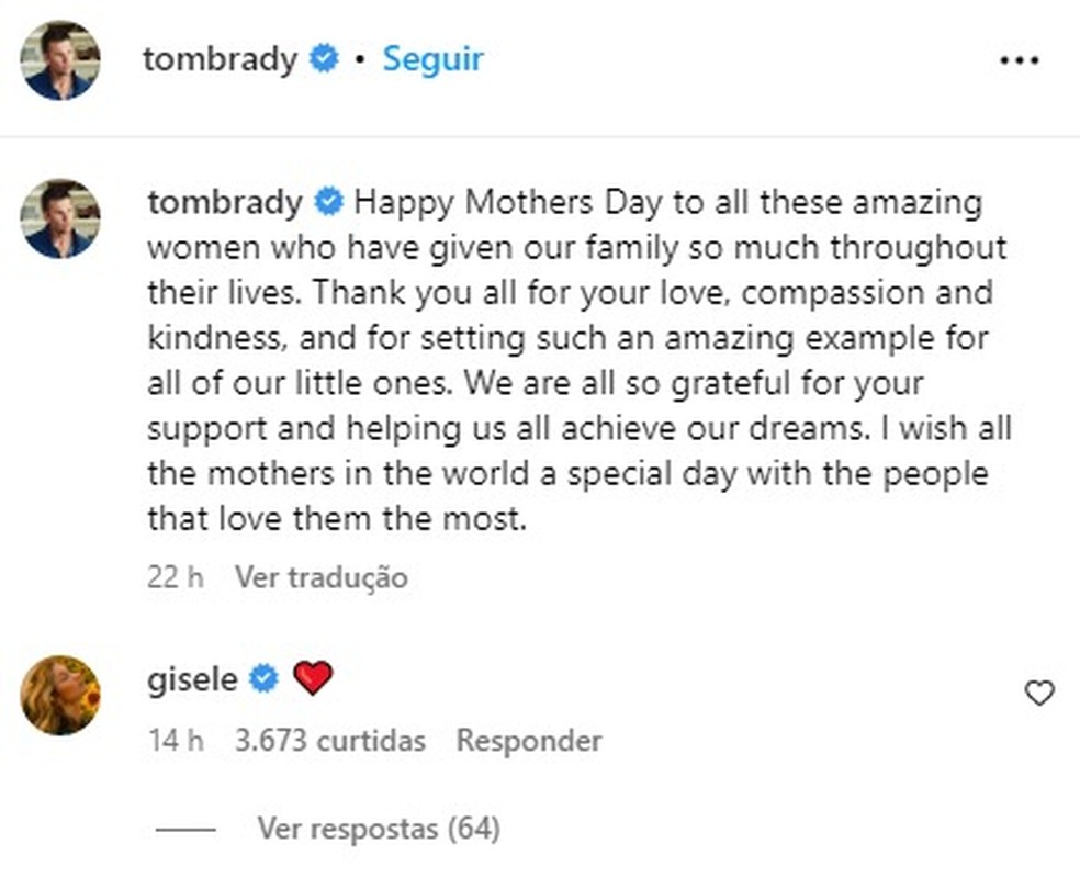 Gisele Bündchen recebeu homenagem de Dia das Mães do ex-marido Tom Brady e respondeu à publicação com um emoji de coração — Foto: Captura de tela