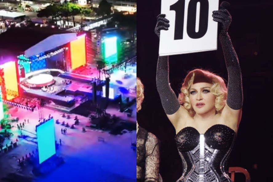 Palco do show da Madonna em Copacabana e a cantora, perfeccionista, num dos números de sua turnê