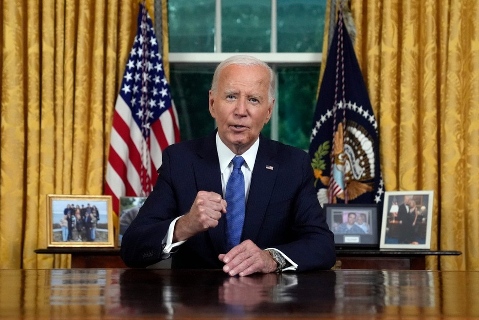 O presidente dos EUA, Joe Biden, em discurso à nação após deixar corrida eleitoral — Foto: Evan Vucci / AFP