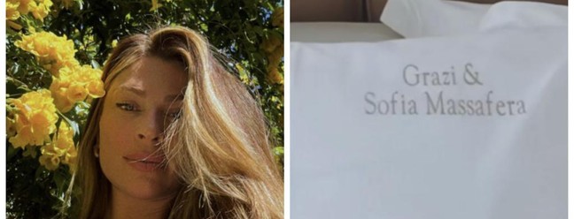 Grazi Massafera compartilhou a fronha personalizada com o seu nome e o da filha no hotel em Portugal — Foto: Reprodução