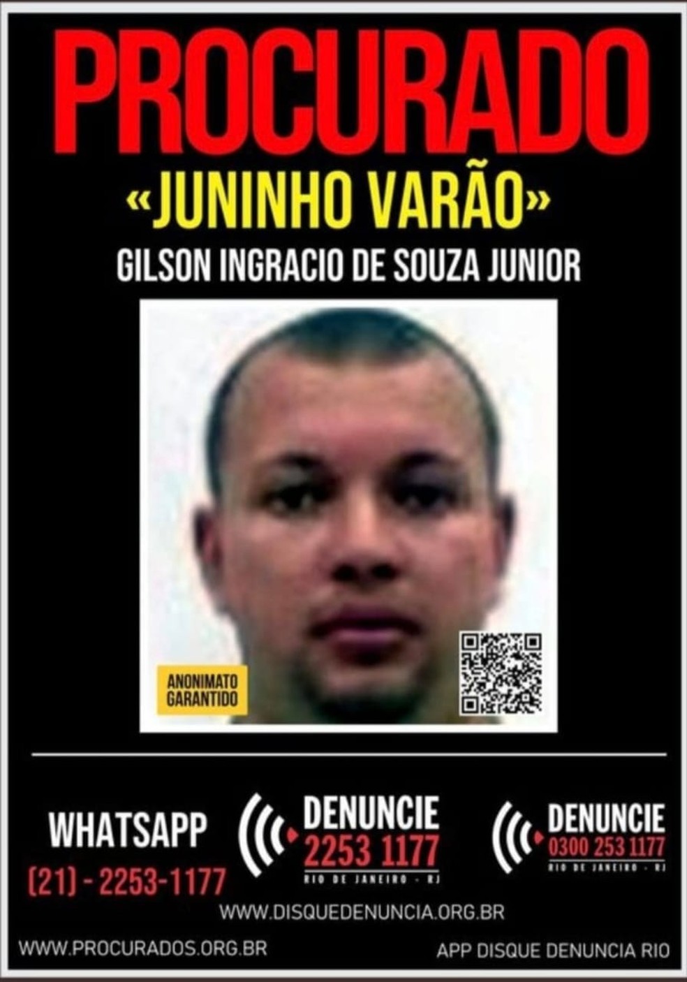 Juninho Varão é procurado por chefiar milícia em Nova Iguaçu — Foto: Reprodução Cartaz Disque-Denúncia