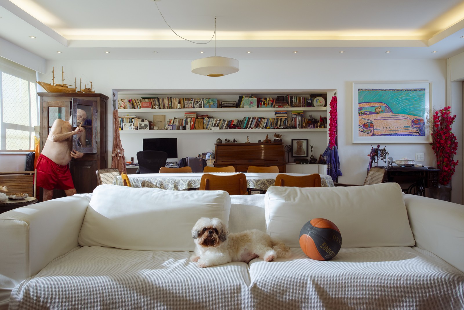 Ator na sala enquanto o cachorro Pitoco está no sofá — Foto: Leo Martins / Agência O Globo