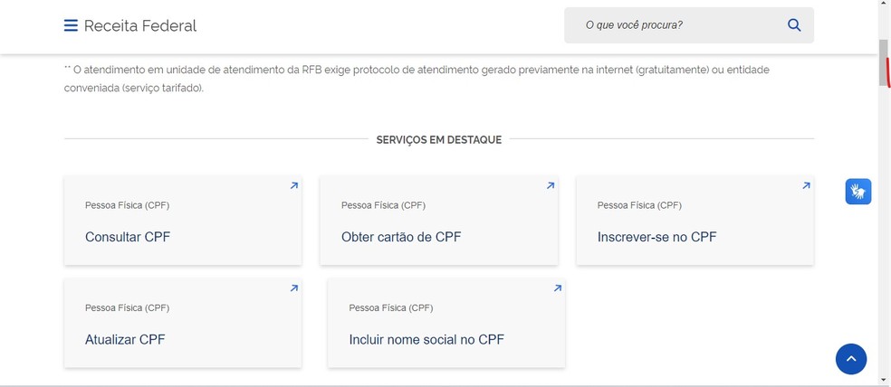 Opções de serviços — Foto: Reprodução da tela/Receita Federal