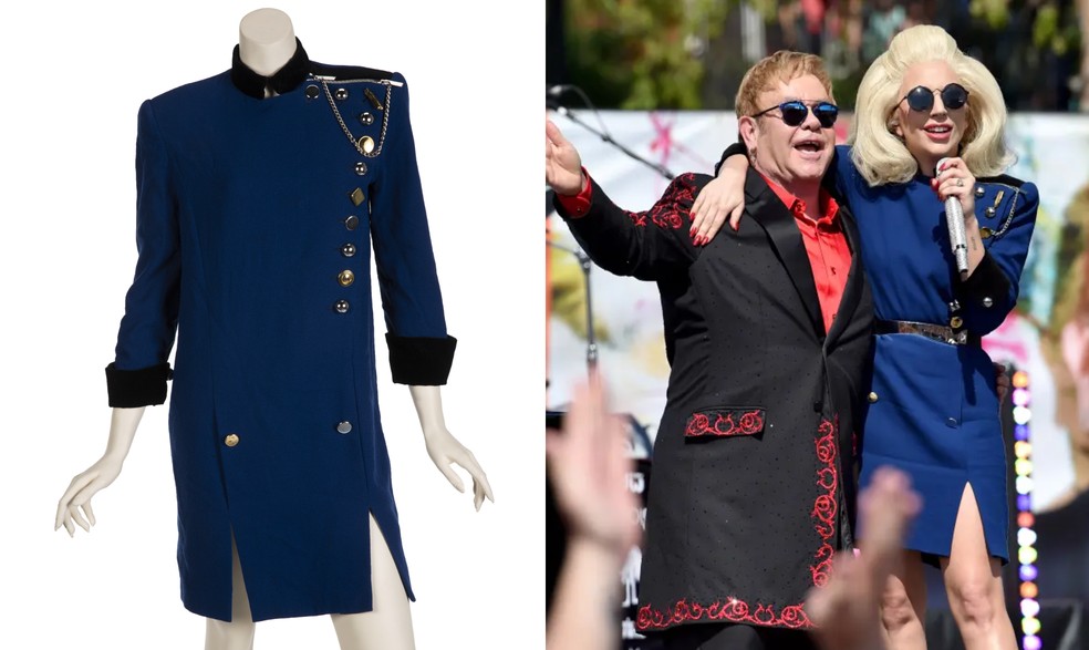 Lady Gaga e o vestido-casaco usado em show com Elton John — Foto: Reprodução