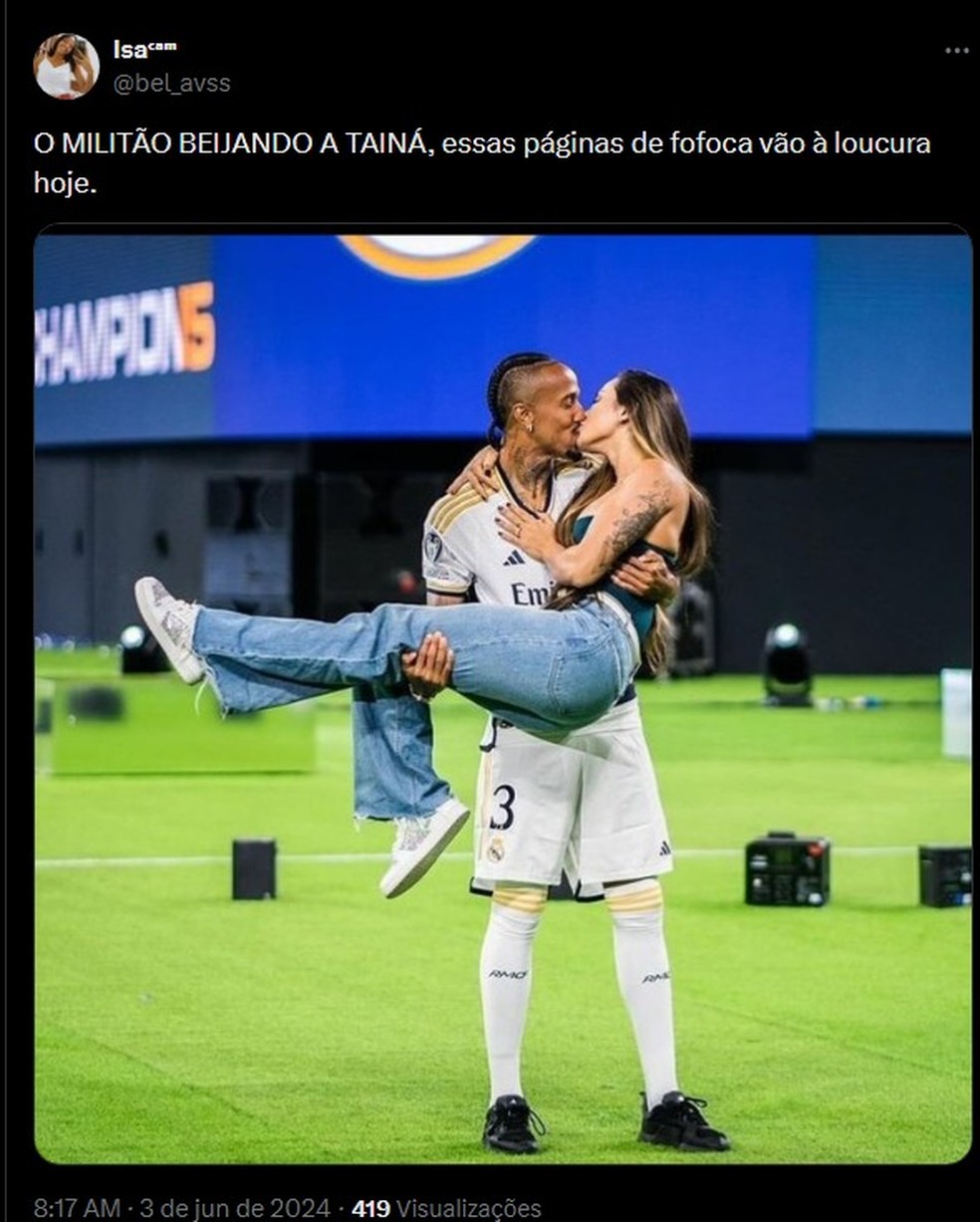 Éder Militão apareceu aos beijos com a namorada, Tainá Castro — Foto: Reprodução Twitter