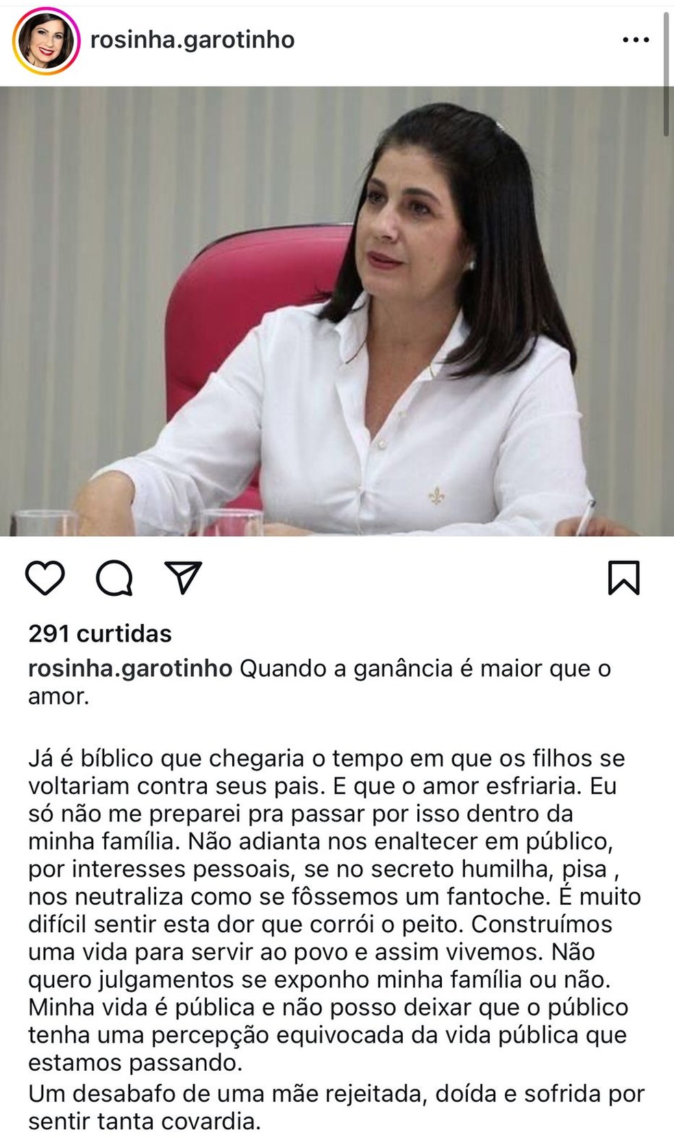 O texto publicado por Rosinha — Foto: Reprodução/Instagram